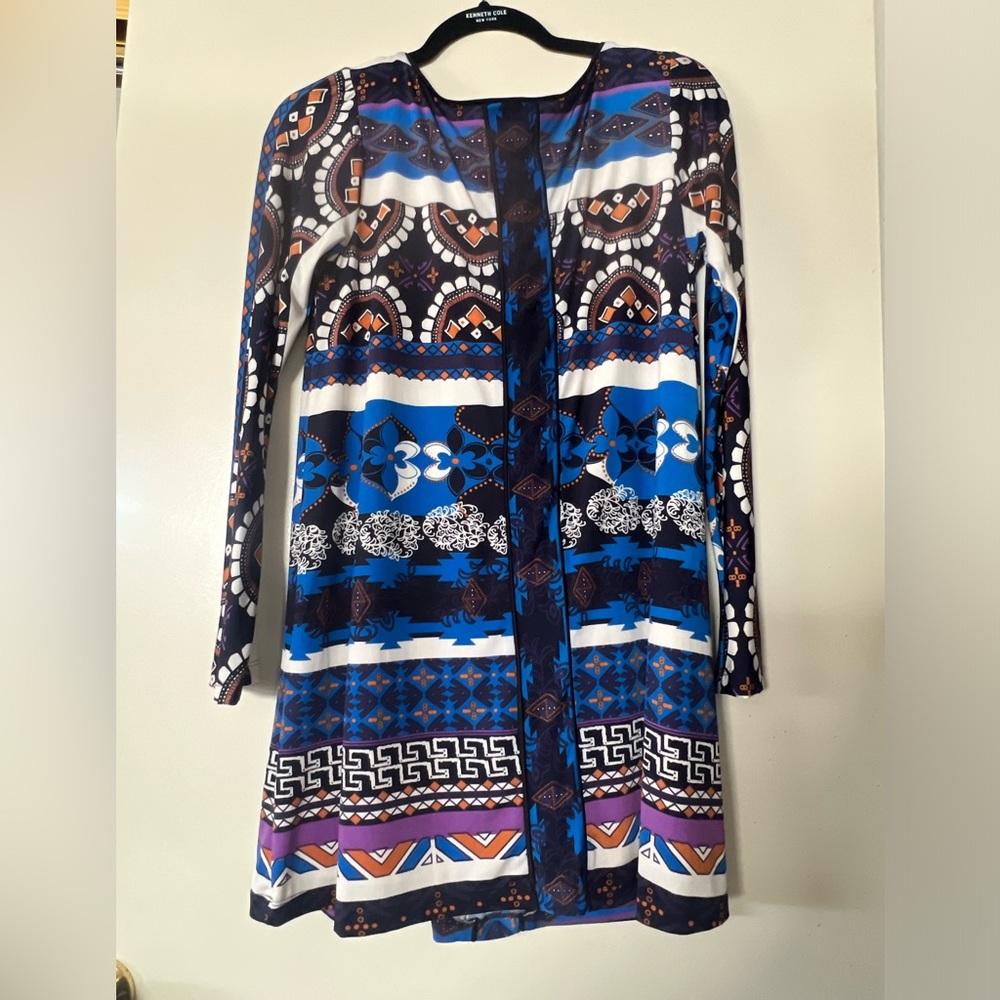 Analili Multicolor Long Sleeve Printed Midi Dress — Blue, Black, White
